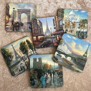 Set of 6 Paris Cork Coasters Eiffel Tower Coffee Table Decor Travel Romantic